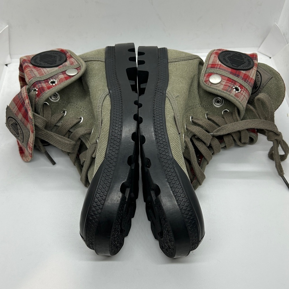 Palladium Baggy Olive Canvas w Red Plaid Fold Over Lace-Up Boots - Men’s Size 9 - Picture 10 of 12